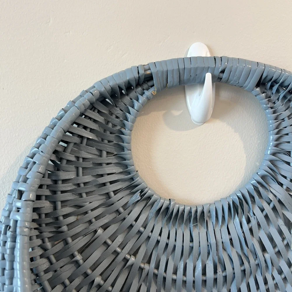 Woven Wicker Pocket Basket Blue Grayish Half Moon Design Vintage Painted